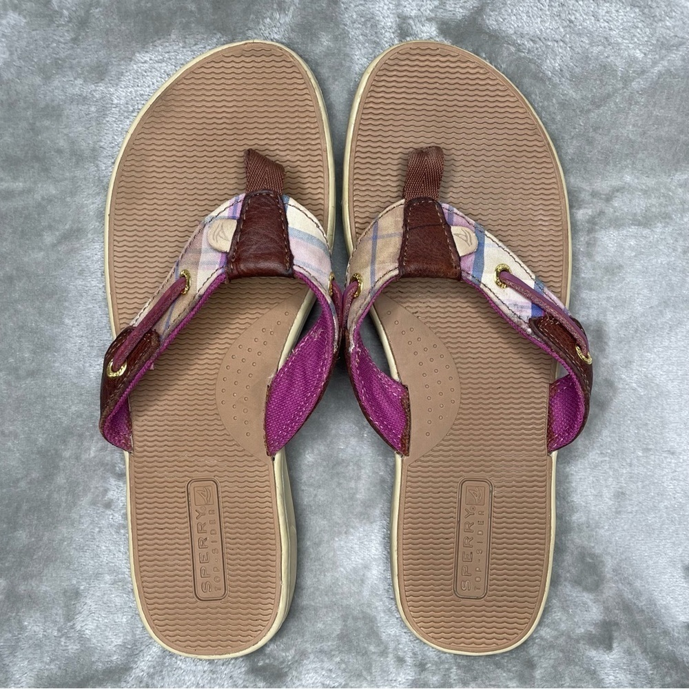 Sperry Top-Sider Plaid Flip Flop Sandals Women's Size 7.5 Tan Pink